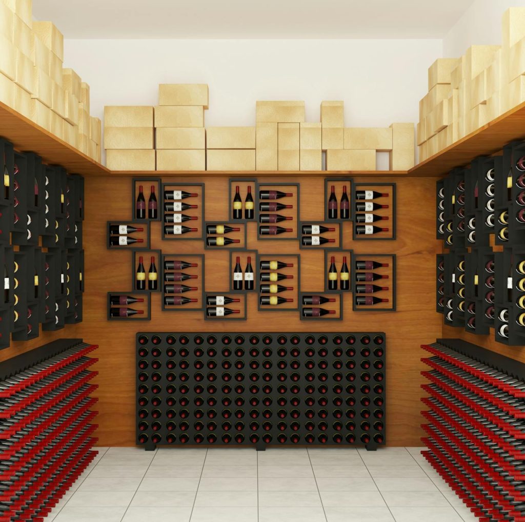 black-wooden-wine-shelves-on-brown-wall-451832 Luxurious wine cellar featuring neatly arranged bottles on wooden shelves, exuding elegance and sophistication.
